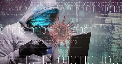 Composition of covid 19 virus cell and binary coding over hacker with credit Foto stock