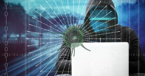 Composition of covid 19 virus cell and binary coding data processing over hacker Stock Photos