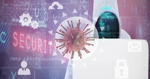 Composition of covid 19 virus cell and binary coding data processing over hacker Stock Photos