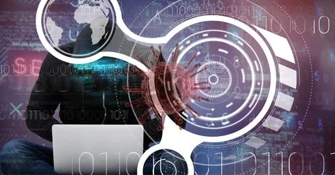 Composition of covid 19 virus cell and binary coding data processing over hacker Stock Photos
