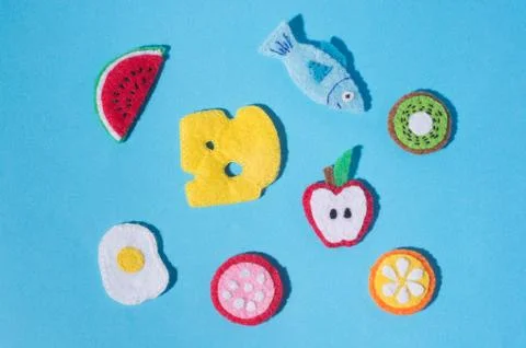 The composition of crafts made of felt  in the form of food and fruits. Hobbi Stock Photos