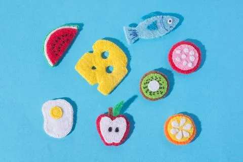 The composition of crafts made of felt  in the form of food and fruits. Hobbi Stock Photos