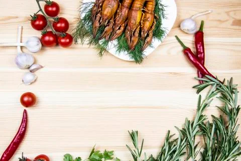 Composition with crayfish on the white plate, pepper, tomatoes, garlic, dill, Stock Photos