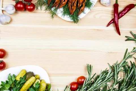 Composition with crayfish on the white plate, pepper, tomatoes, garlic, dill, Stock Photos