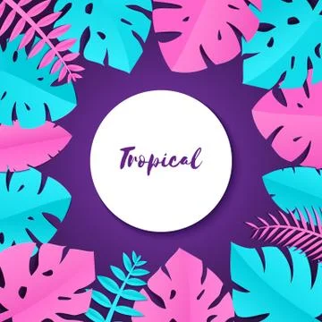 Composition with creative pink blue jungle leaves on violet background in paper Stock Illustration