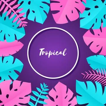 Composition with creative pink blue jungle leaves on violet background in paper Stock Illustration
