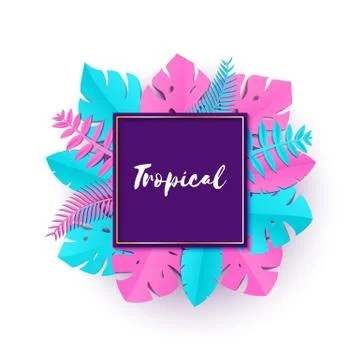 Composition with creative pink blue jungle leaves on white background in paper Illustrazione stock