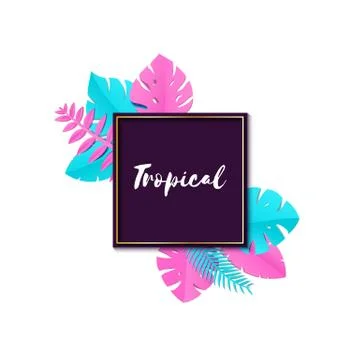 Composition with creative pink blue jungle leaves on white background in paper Stock Illustration