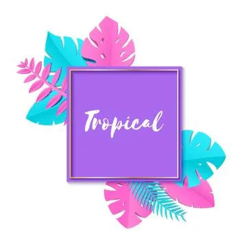 Composition with creative pink blue jungle leaves on white background in paper Stock Illustration