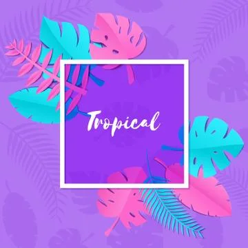 Composition with creative pink blue jungle leaves on purple background in paper Stock Illustration