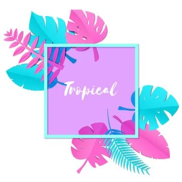 Composition with creative pink blue jungle leaves on white background in paper Stock Illustration