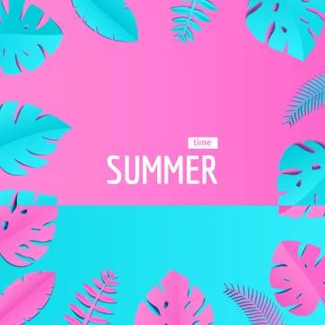 Composition with creative pink blue jungle leaves in paper cut style. Tropical Stock Illustration