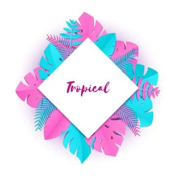 Composition with creative pink blue jungle leaves on white background in paper Stock Illustration