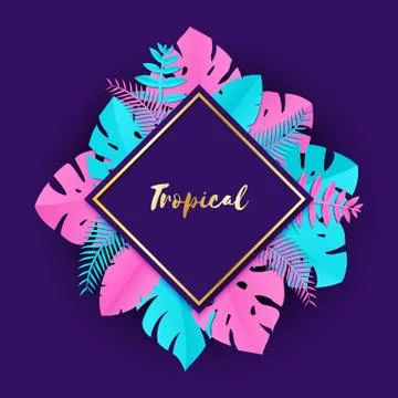 Composition with creative pink blue jungle leaves on violet background in paper Stock Illustration