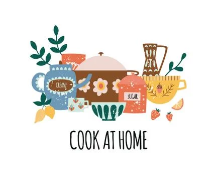 Composition of crock kitchenware with text in flat cartoon style Stock Illustration