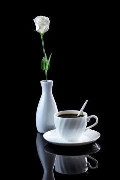 Composition with cup of coffee and white rose on a black reflective backgroun Stock Photos