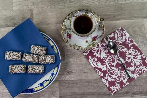 Composition cup tea biscuits with sugar bowl Stock Photos