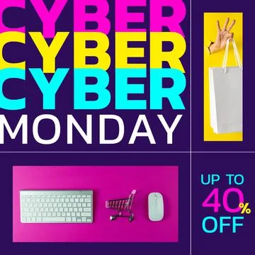 Composition of cyber monday text over keyboard, computer mouse and hand holding Illustrazione stock