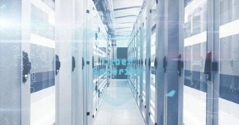 Composition of cyber security text and mathematical equations over server room Ilustração Stock