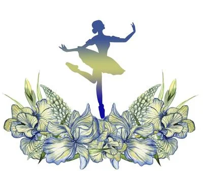 Composition of dancing ballerina with flowers. Hand drawn classic ballet pe.. Illustrazione stock