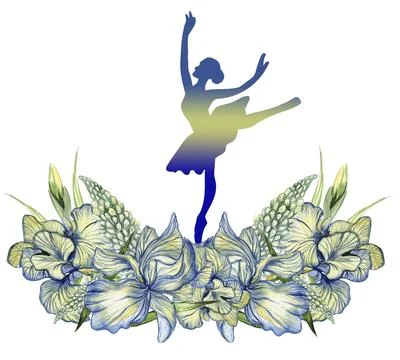 Composition of dancing ballerina with flowers. Hand drawn classic ballet pe.. Stock Illustration