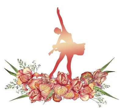 Composition of dancing ballerina with flowers. Hand drawn classic ballet pe.. Stock Illustration