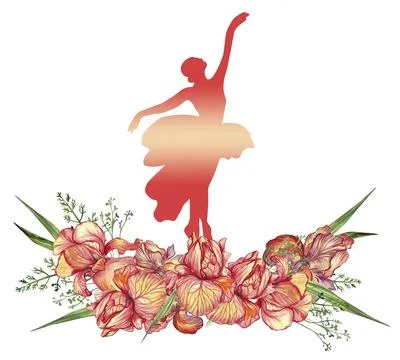 Composition of dancing ballerina with flowers. Hand drawn classic ballet pe.. Illustrazione stock