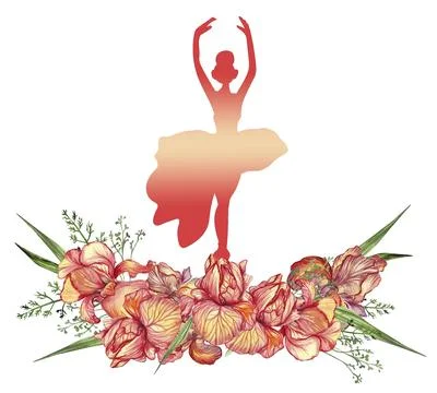 Composition of dancing ballerina with flowers. Hand drawn classic ballet perf Stock Illustration