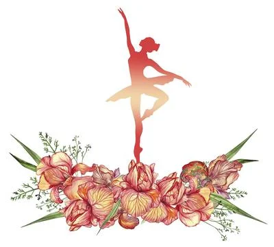 Composition of dancing ballerina with flowers. Hand drawn classic ballet pe.. Stock Illustration