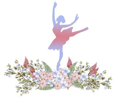 Composition of dancing ballerina with flowers. Hand drawn classic ballet pe.. Stock Illustration