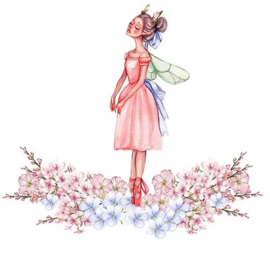 Composition of dancing ballerina with flowers. Hand drawn classic ballet perf Stock-Illustration