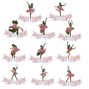 Composition of dancing ballerina with flowers. Hand drawn classic ballet perf Stock Illustration