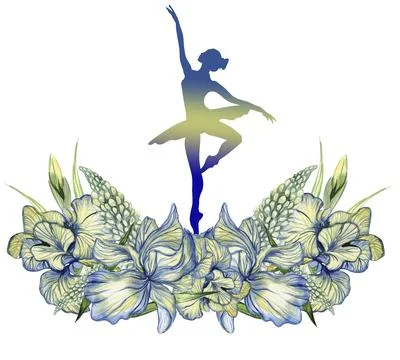 Composition of dancing ballerina with flowers. Hand drawn classic ballet pe.. Stock-Illustration