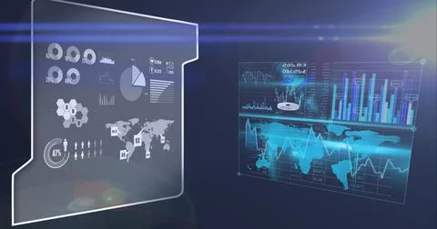 Composition of data and statistics processing on screens on blue background イラスト素材