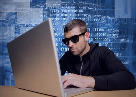 Composition of data processing and binary coding over hacker wearing sunglasses Stock Photos