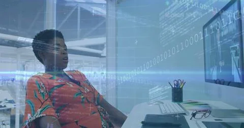 Composition of data processing and binary coding over african american woman Stock Photos