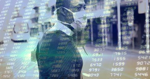 Composition of data processing and covid 19 cell over man wearing face mask in 库存照片