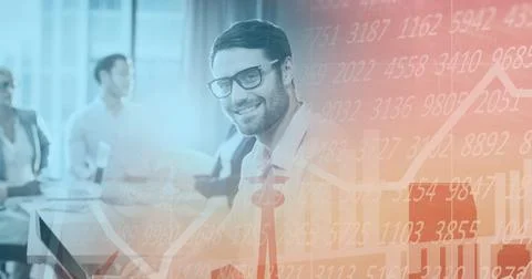 Composition of data processing and diagrams over diverse group of businesspeople Stock Photos