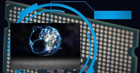 Composition of data processing and globe of connections over computer processor イラスト素材