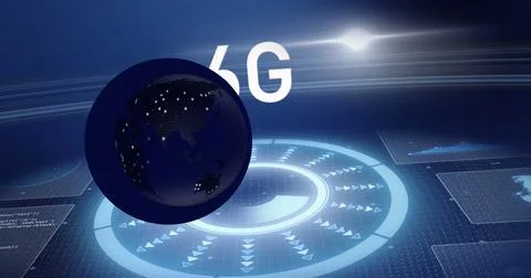 Composition of data processing and globe with scope scanning and 6g text on Ilustração Stock