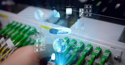 Composition of data processing and globe over close up of cables and computer Stock Photos
