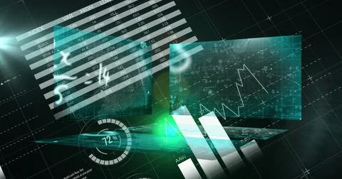 Composition of data processing and mathematical equations on black background Stock Illustration