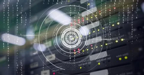 Composition of data processing and scope scanning over close up of computer Stock Illustration