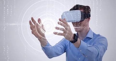 Composition of data processing and scope scanning over man wearing vr headset Stock Photos