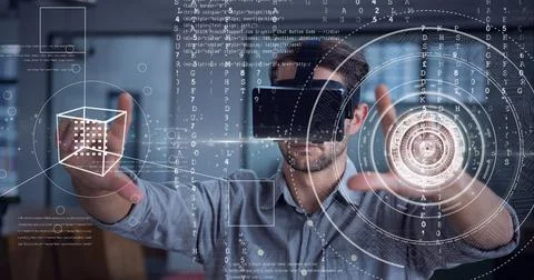 Composition of data processing and scope scanning over man wearing vr headset Stock Photos