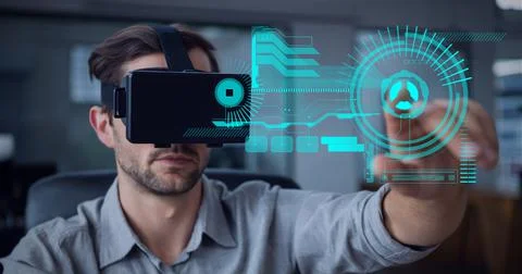 Composition of data processing and scope scanning over man wearing vr headset Stock Photos