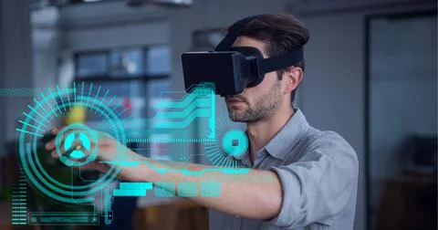 Composition of data processing and scopes scanning over man wearing vr headset Stock Photos