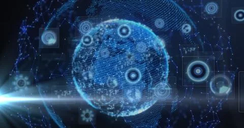 Composition of data processing and scopes scanning over globe Stock Photos