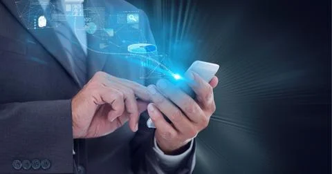 Composition of data processing and statistics over man using smartphone Stock Photos