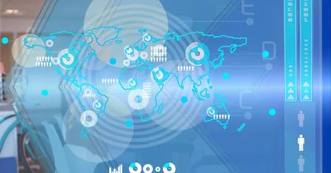 Composition of data processing and world map on blue background Illustrazione stock